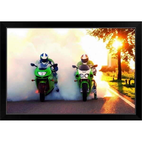 "Man riding motorbike on sports track" Black Framed Print