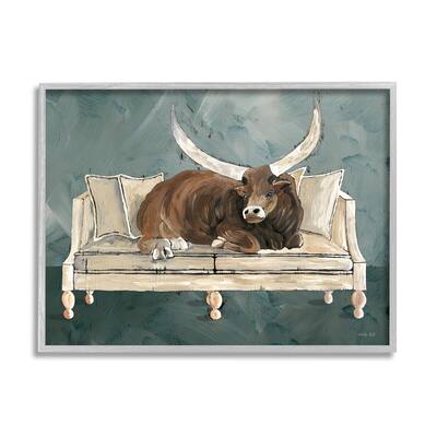Stupell Longhorn Bull Laying Living Room Couch Green Gray Framed Wall Art