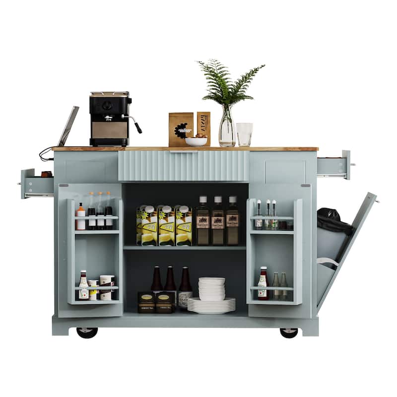 Fluted Kitchen Island with Trash Can Storage Cabinet, Power Outlet, Internal Storage Rack, Rolling Kitchen Islands
