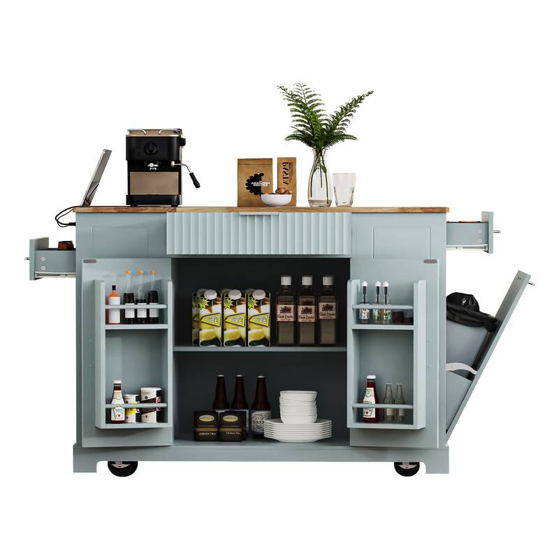 Fluted Kitchen Island with Trash Can Storage Cabinet,Power Outlet, Rolling Islands on 5 Wheels with 3 Drawer,3 Open Side Racks