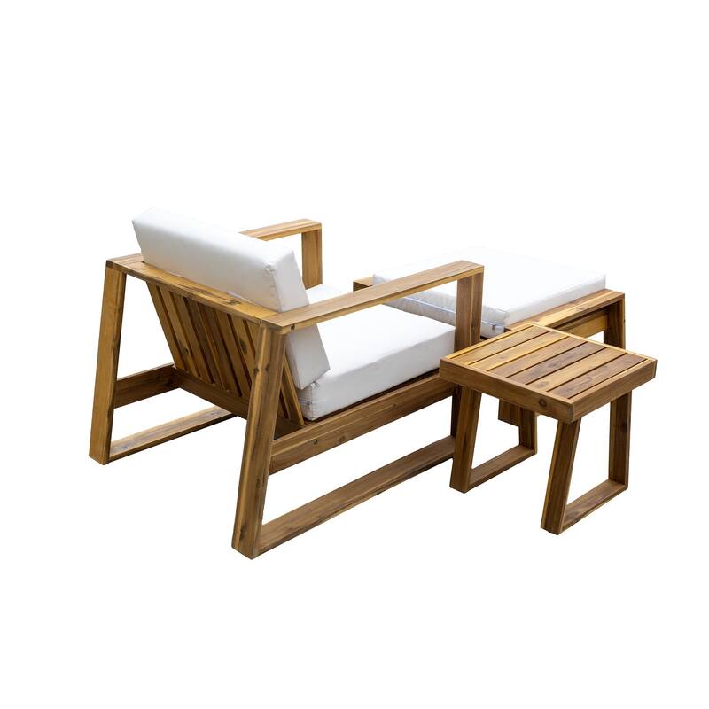 3-Piece Outdoor Acacia Wood Lounge Set with Chair, Ottoman, and Side Table
