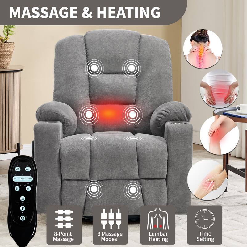 Roomfitters Oversized Power Lift Recliner, Massage Chair with USB A & C Ports and Dual Steel Cup Holders