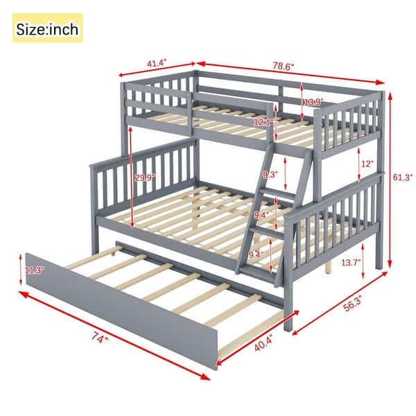 dimension image slide 1 of 3, Bunk Bed with Trundle, Convertible Ladder and Guardrail