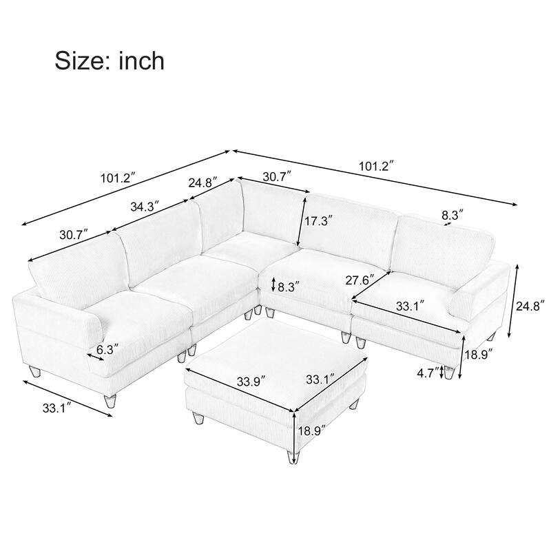 Corduroy Modular Sectional Sofa with Ottoman, Convertible to Bed, DIY