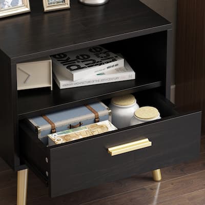 Timechee Nightstand Bedside Table 1-Drawer w/ Open Shelf Metal Legs