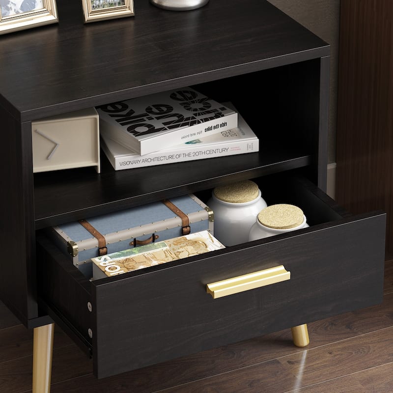 Timechee Nightstand Bedside Table Wood 1-Drawer with Open Shelf, Black