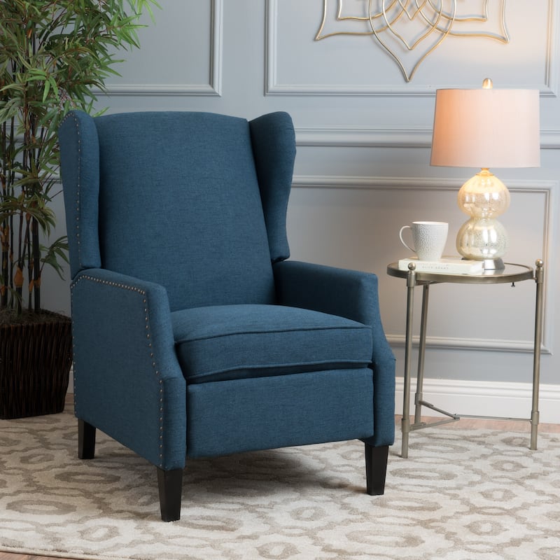 Upholstered Recliner Chair, Fabric Wingback Armchair, Push-Back Recliner with Nailhead Trim, Wood Legs, Classic Recliner Chair