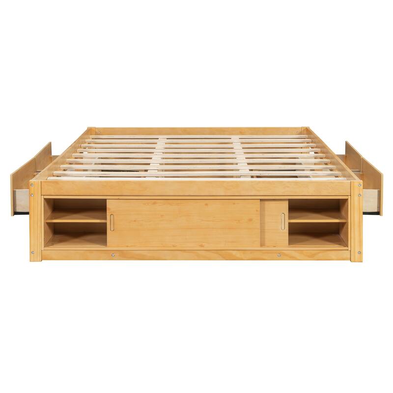 Queen Size Platform Bed Open Frame with Footboard Storage and 4 Drawers