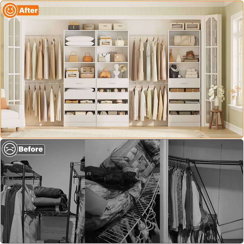 140'' Walk-in Closet Organizer System with 12 Drawers ＆ 4 Hanging Rods, 8.5-11.5FT Wooden Wardrobe Clothes Rack with 3 Towers