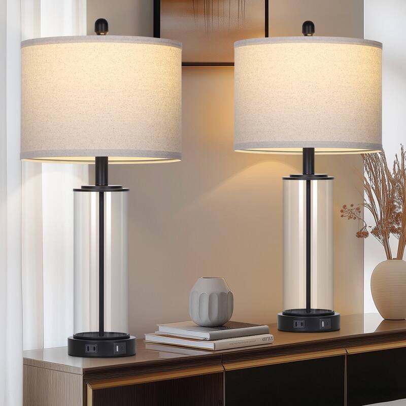 26'' Black Modern Cylinder Table Lamp with USB-C Fast Charging, Dimmable LED, 3-Way Touch(Set of 2) - 12.5'' x 12.5'' x 26'' - Black - 12.5'' x 12.5'' x 26''