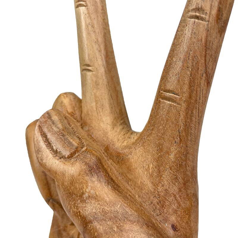 Zeckos Carved Wood Peace Sign Hand Gesture Statue - 7.75 X 3 X 2 inches