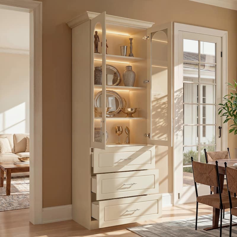 Modular Bookcase with LED Lights, Glass Door Storage Cabinet with Drawers, Large Display Shelving Unit Sideboard