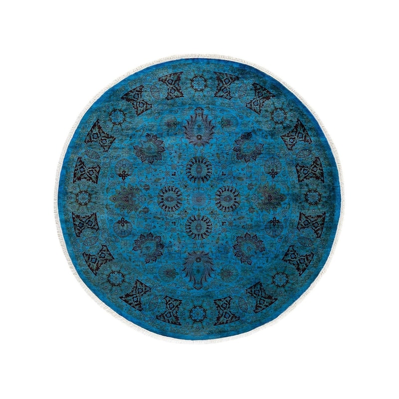 Overton Hand Knotted Wool Vintage Inspired Modern Contemporary Overdyed Blue Round Area Rug - 6' 1" x 6' 1"