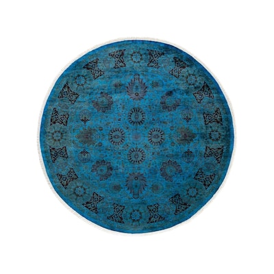 Overton Hand Knotted Wool Vintage Inspired Modern Contemporary Overdyed Blue Round Area Rug - 6' 1" x 6' 1"