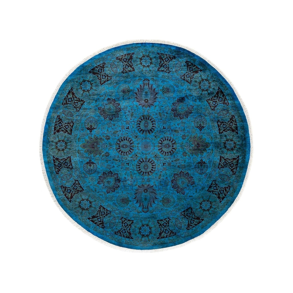 Overton Hand Knotted Wool Vintage Inspired Modern Contemporary Overdyed Blue Round Area Rug - 6' 1" x 6' 1"