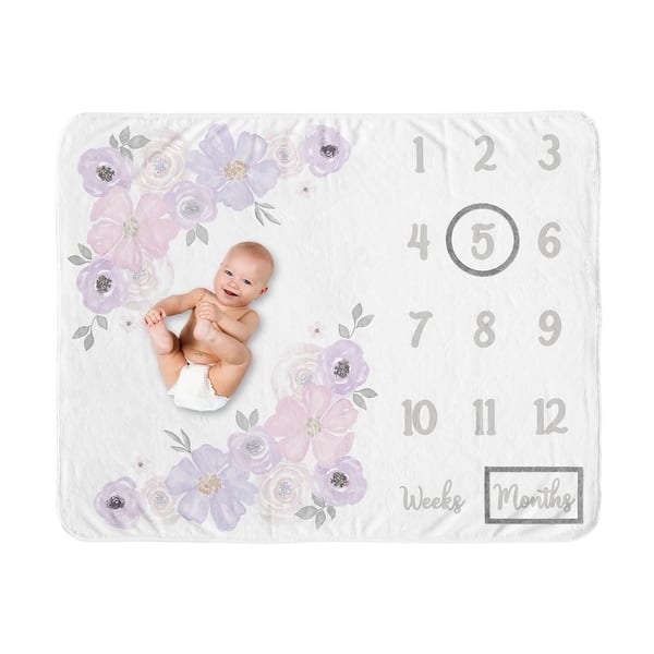 slide 2 of 6, Watercolor Floral Collection Girl Baby Monthly Milestone Blanket - Lavender Purple, Pink and Grey Boho Shabby Chic Rose Flower