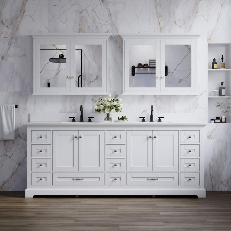 84''W Solid Wood Frame Bathroom Vanity With Pure White Culutered Marble Countertop And Double Sink