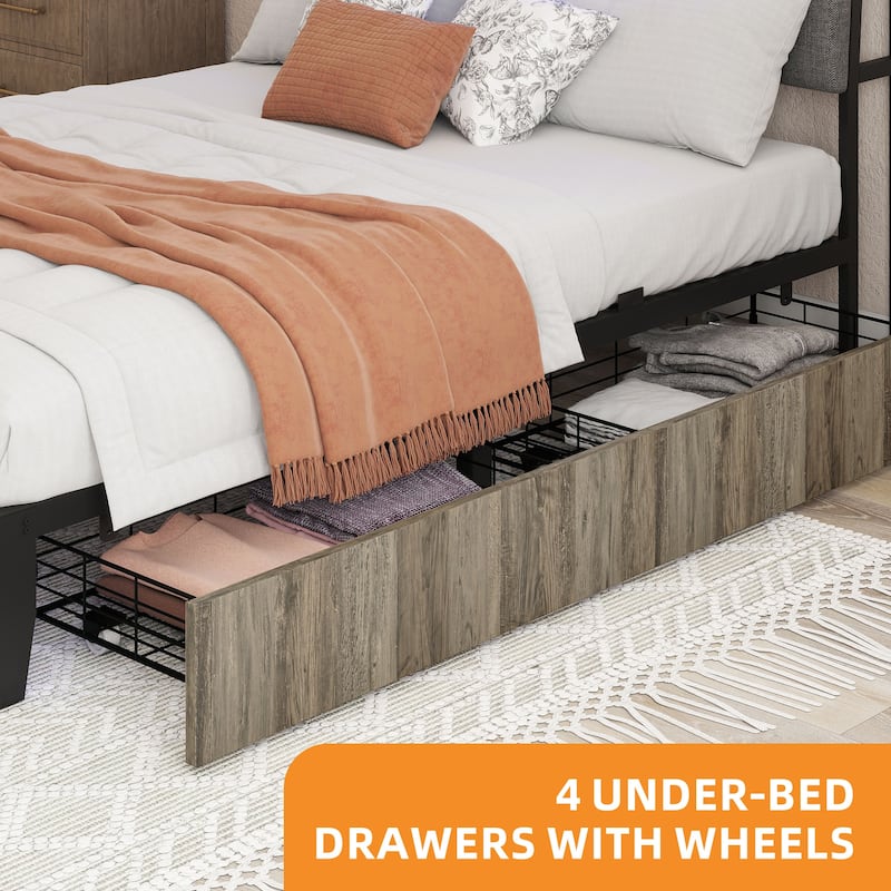 Upholstered Platform Bed with Charging Station and Storage Headboard