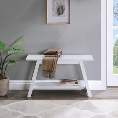 Solid Wood Bench with Shelf, White