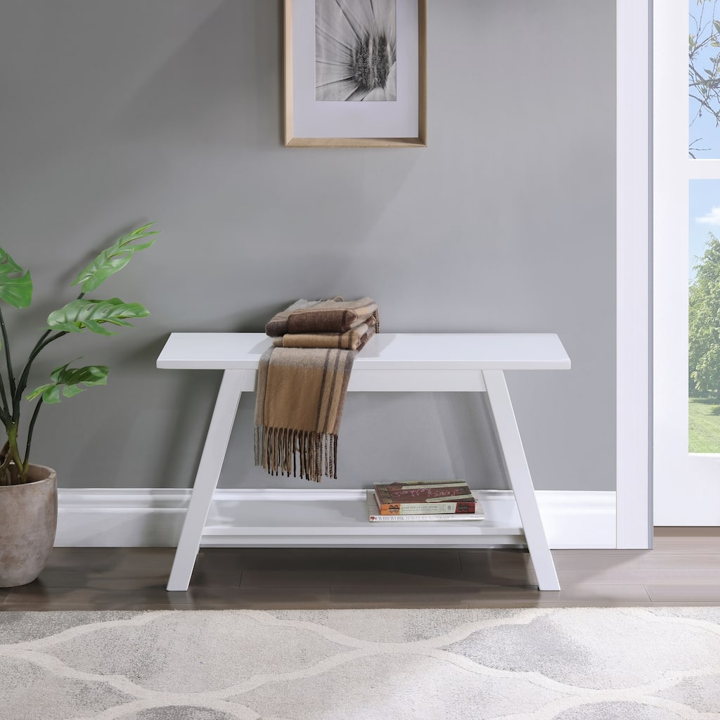 Solid Wood Bench with Shelf, White