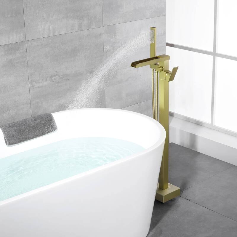 Freestanding Bathtub Faucet With Sprayer Floor Mount Tub Faucets Waterfall Tub Filler With Hand Shower Modern Bath Tub Trim