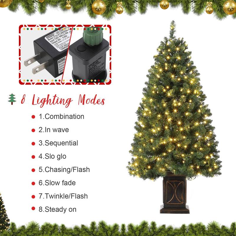 4.5 Ft Artificial Christmas Tree with 200 Warm White LED Lights and Red Berries Potted Base Holiday Xmas Tree