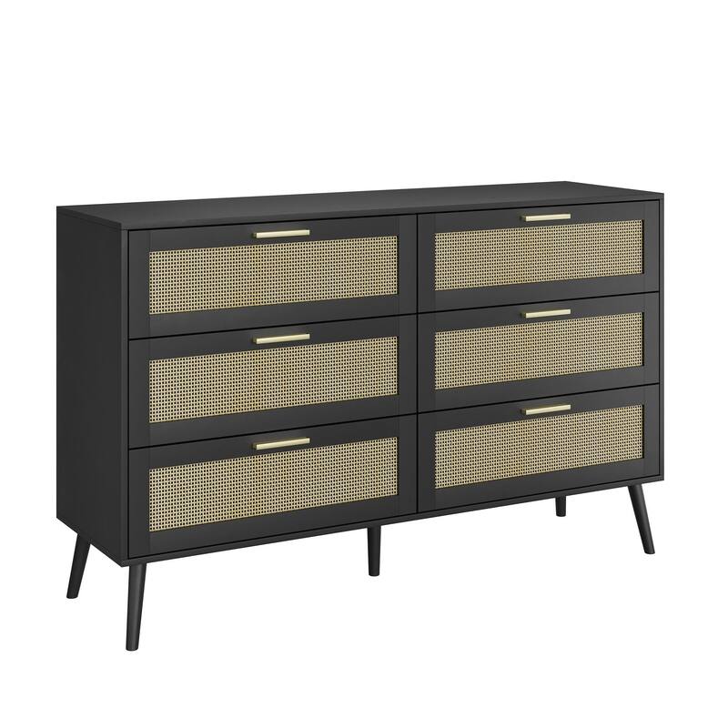 Rattan 6 Drawers Chest of Dressers for Bedroom, Wide Chest of Drawers, Rattan Dresser Storage Cabinet for Living Room, Bedroom