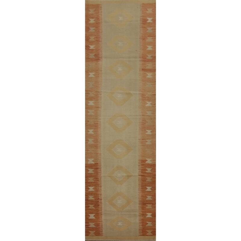 Hand Woven Oriental 100% Wool Carpet Southwestern Tribal Brown Kilim Runner Rug - 12' 0'' X 2' 8''