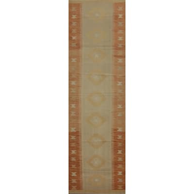 Hand Woven Oriental 100% Wool Carpet Southwestern Tribal Brown Kilim Runner Rug - 12' 0'' X 2' 8''