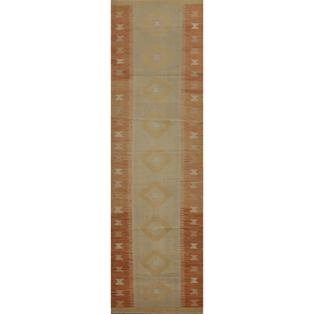 Hand Woven Oriental 100% Wool Carpet Southwestern Tribal Brown Kilim Runner Rug - 12' 0'' X 2' 8''