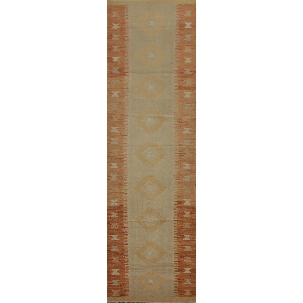 Hand Woven Oriental 100% Wool Carpet Southwestern Tribal Brown Kilim Runner Rug - 12' 0'' X 2' 8''
