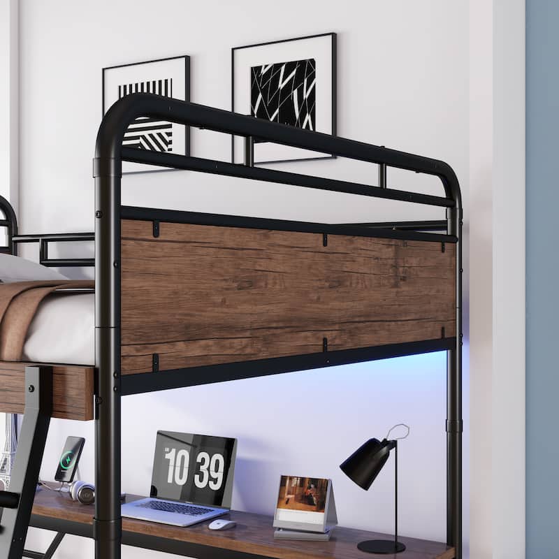 Full Size Metal Loft Bed with Desk, Metal Loft Bed with LED Light and Charge Station,Black(Expect Arrival Date 2025/5/15)