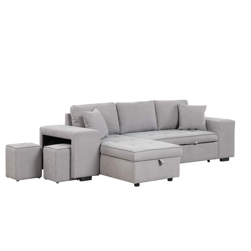 Grey 104.5" Charcoal L-Shaped 3-Seater Convertible Sofa with Pull-Out Bed, Storage Chaise, and 2 Stools for Convenient Living