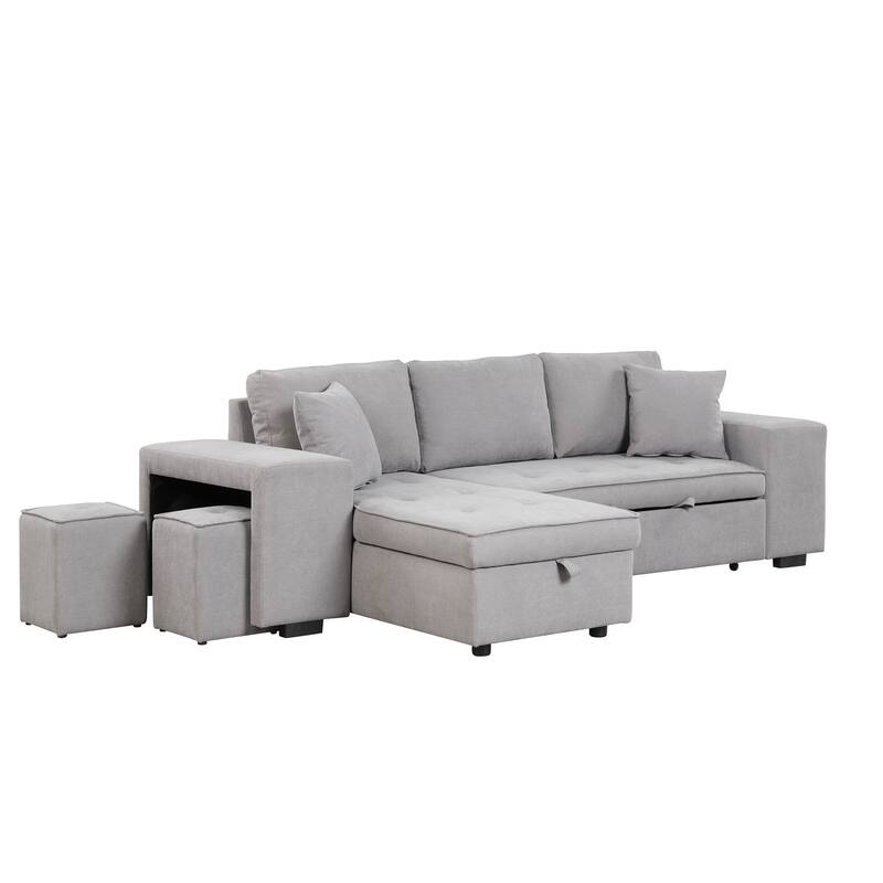 Grey 104.5" Charcoal L-Shaped 3 Seater Convertible Sofa with Pull-Out Bed, Storage Chaise and 2 Stools for Living Room