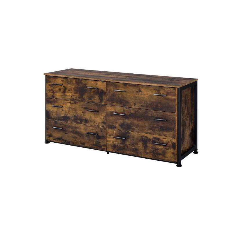 Rustic 59 Inch Six Drawer Dresser in Brown and Black for Bedroom Organization
