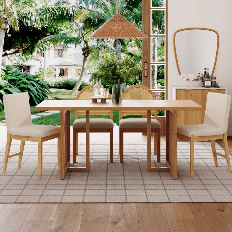 Willow Boho Dining Table for 6 with Solid Wood Legs, Dining Table with Bohemian Rattan Accent
