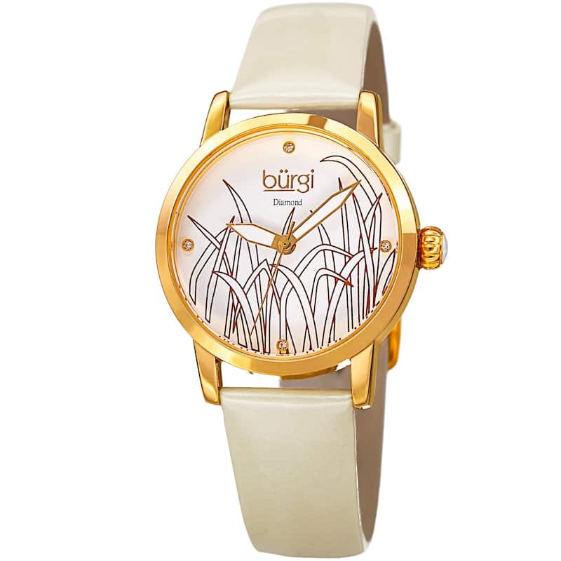 Burgi Women's Diamond Reed Design Dial Gold-Tone/White Leather Strap Watch