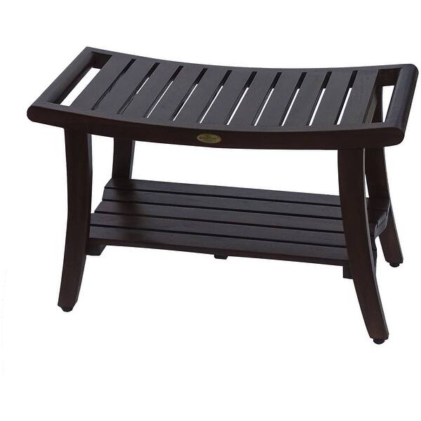 Compact Curvilinear Teak Shower or Outdoor Bench with Shelf in Brown Finish Compact Curvilinear Teak Shower or Outdoor Bench with Shelf in Brown Finish