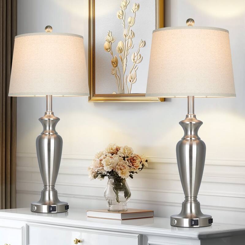 Set of 2 Modern 27.5-Inch Table Lamps with USB & Type-C Ports and 3-Level Touch Control - 13'' x 13'' x 30''