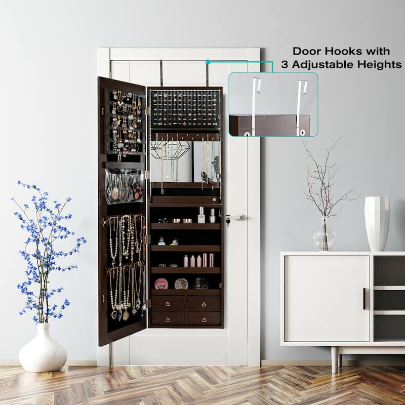 Gymax Mirror Jewelry Cabinet 96 LED Lights Wall Door Mounted Armoire - See Details