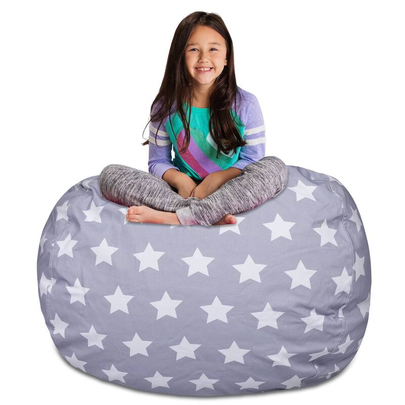 Kids Bean Bag Chair Cover Stuffed Animal Storage or Toy Organizer - 48 Inch Extra Large - Canvas White Stars on Gray