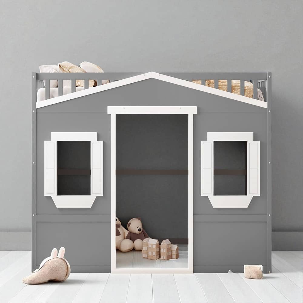 Twin/Full Size Wooden House Loft Bed with Guardrails and Slanted Ladder, No Box Spring Required