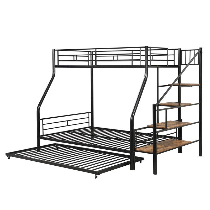 Twin over Full Size Metal Bunk Bed with Trundle and Storage Staircase, Silver