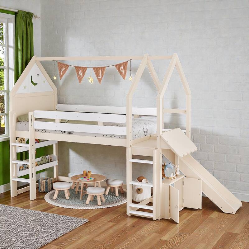 Twin Loft Bed with Slide and Bookshelf, Kids House Bed with Stairs, Safety Rails, Playful Design