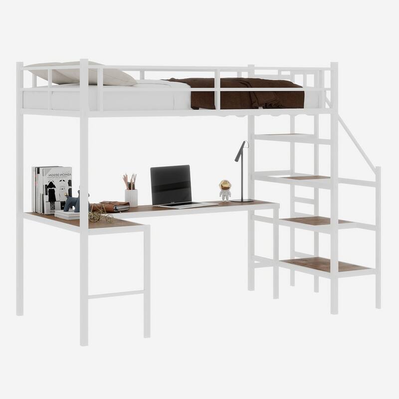 Loft bed with L-shaped desk sturdy bed frame with stairs