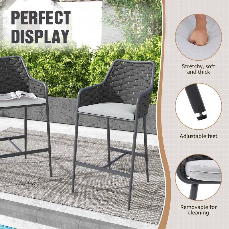 Outdoor Metal High Arm Barstool Chair with Cushions (set of 2)