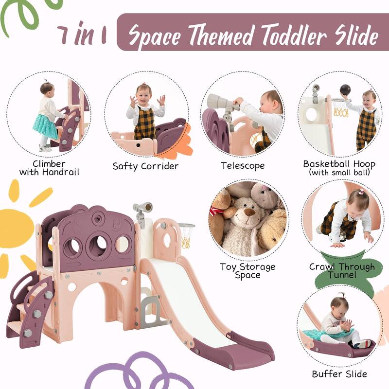 7-in-1 Toddler Slide Set - Spaceship Playset with Slide, Arch Tunnel, Basketball Hoop, and Toy Storage