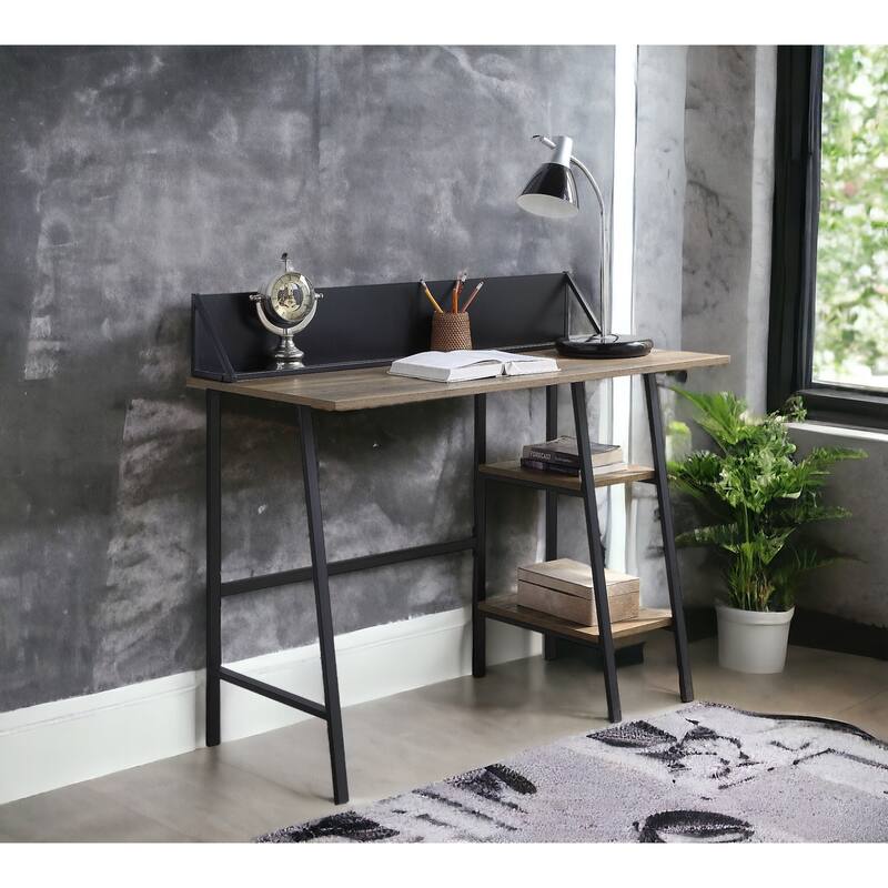 Modern Writing Desk with Two-Tier Shelves, Smartphone Holder, and Sturdy H-Shaped Base for Contemporary Offices