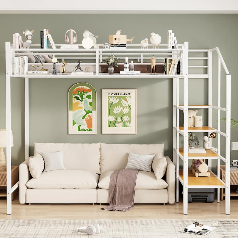Twin Metal Loft Bed with Storage Shelf & Ladder, Full Length Guardrail