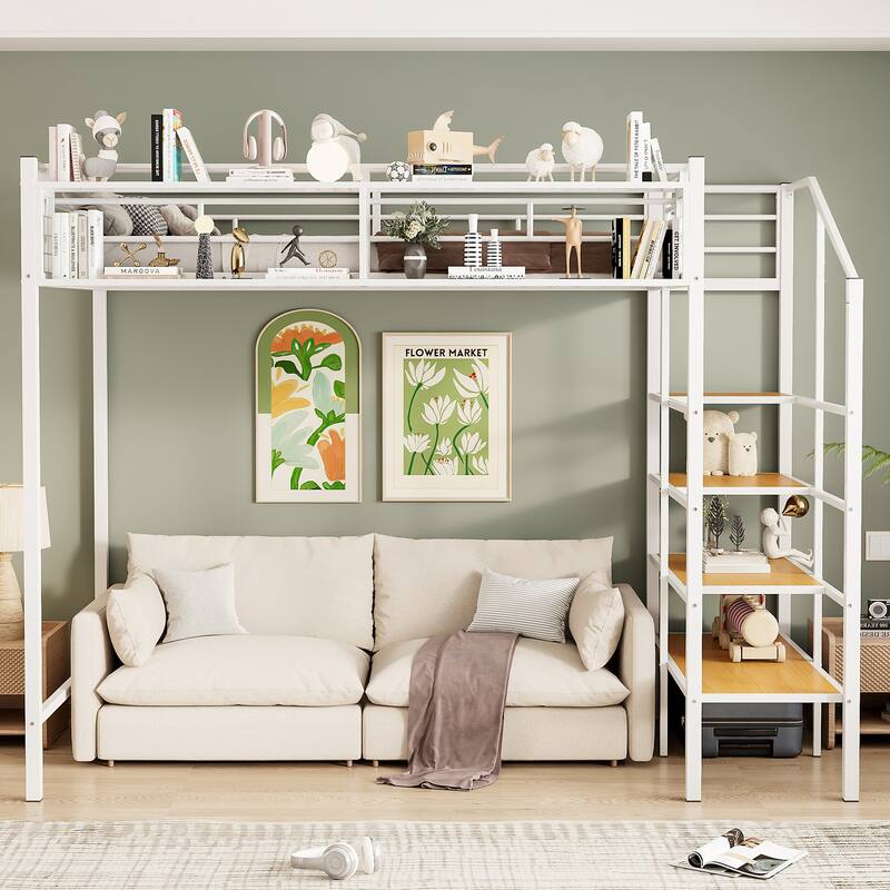 Twin Size Metal Loft Bed with Grid Storage Shelf and 4 Layers Storage Ladder, Heavy Duty Metal Bed Frame, High Loftbed - White - Twin